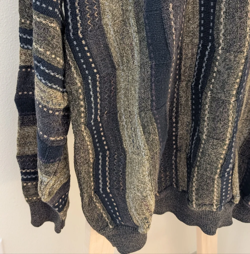 ✨SOLD✨Vintage Coogi Style Textured Earthy Neutral Crewneck Sweater In Navy - Picture 6 of 11